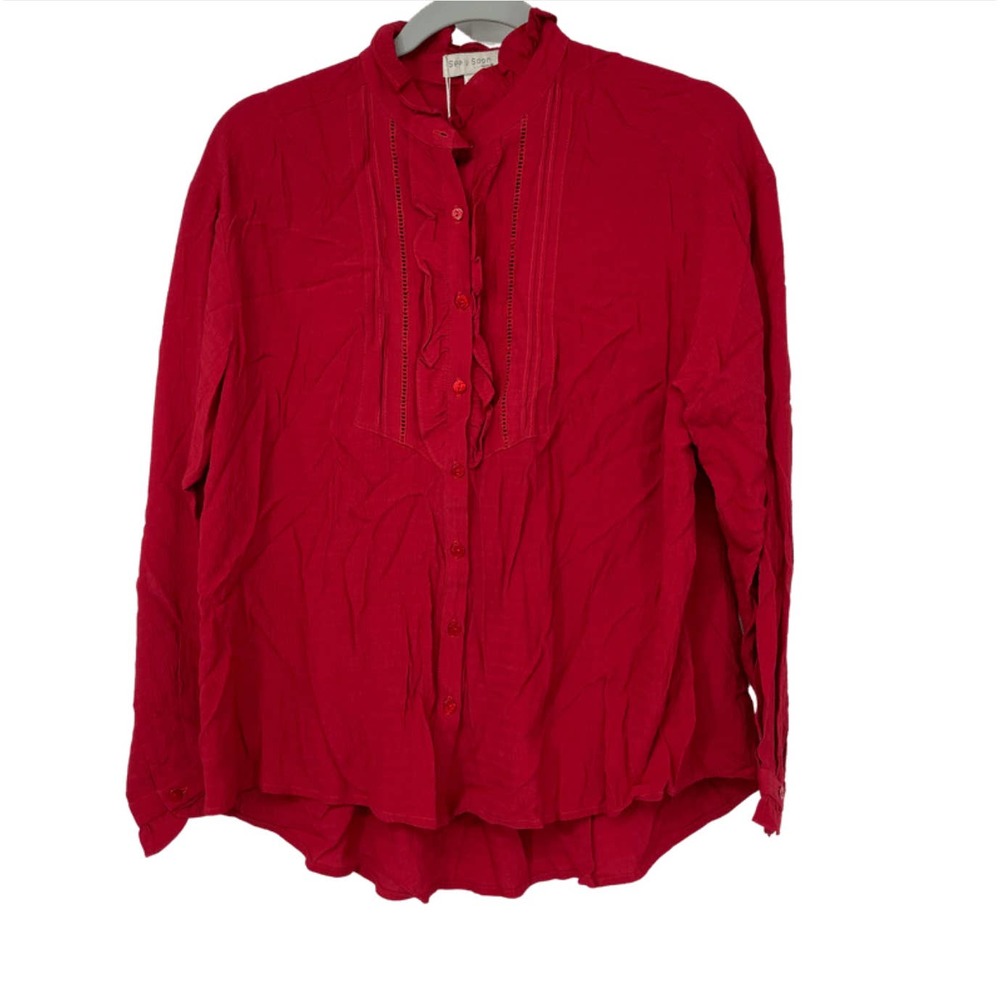 SEE U SOON RED LONG SLEEVE LIGHTWEIGHT RUFFLED FRONT BUTTON DOWN TOP SMALL